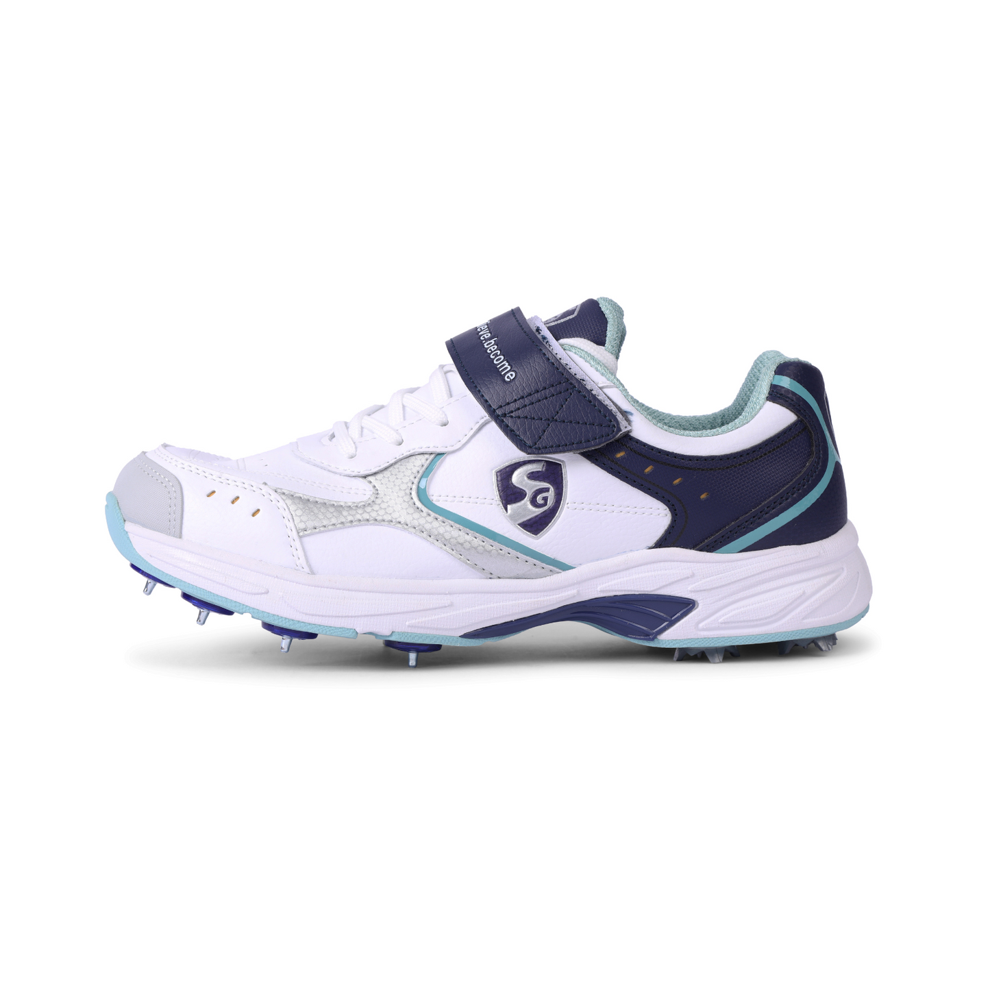 SG ARMOUR SPIKE Cricket Shoes (WHITE/NAVY/TEAL): Unlock Peak Performance with Biomechanically Engineered Design and Advanced Stability