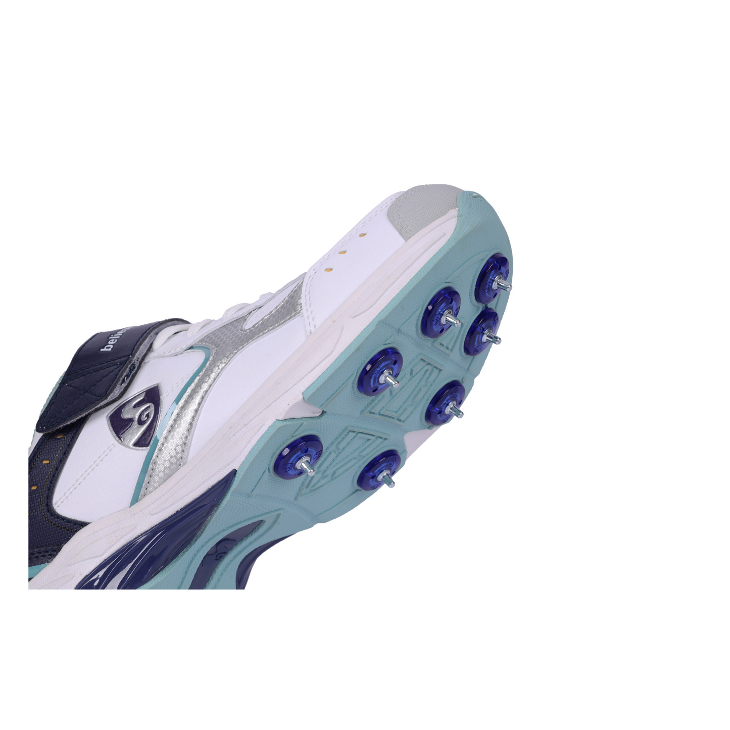 SG ARMOUR SPIKE Cricket Shoes (WHITE/NAVY/TEAL): Unlock Peak Performance with Biomechanically Engineered Design and Advanced Stability
